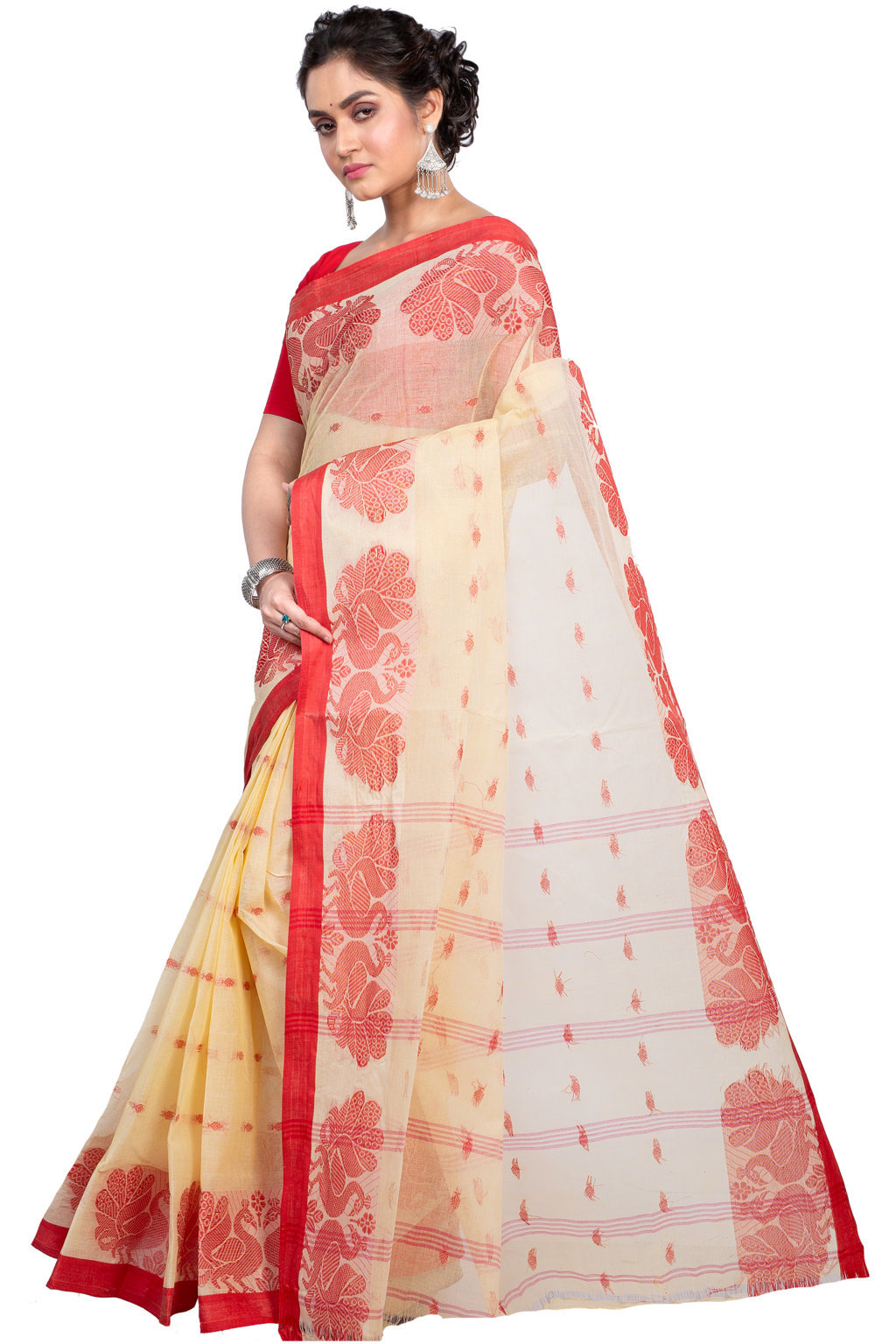 Cream Pure Cotton MOYUR PAR Tant Saree (901)